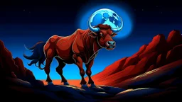 A striking and dynamic illustration of a muscular brown bull, standing proudly on a red and rocky terrain. The bull's muscles are exaggerated, giving it an almost mythical appearance. The background is a vast, deep blue sky with a full, glowing moon, casting a soft light over the scene. The atmosphere evokes a sense of power and mystery.