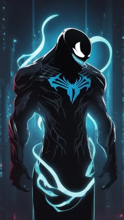 Mix between venom symbiote and Reaper in solo leveling shadow style with neon glowing blue