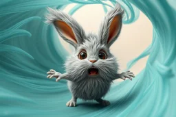 cute dust bunny fizzgig character being swept into a magical wind vortex, fluffy gray detailed fur texture, dirty, oversized expressive eyes, open mouth panic afraid expression, dynamic diagonal motion pose, limbs reaching forward, body tilted in perspective, sense of speed and motion, flowing translucent teal and aqua wind ribbons, spiraling air currents forming a curved arc, soft tornado funnel in the top corner, painterly semi-transparent wind, 3d puppet