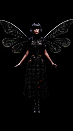 Full Body, Art Nouveau Woman With A Bob With A Fringe Hairstyle, 1920s Clothing, Steampunk Metal Moth wings, Black Background