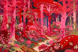 A magenta forest filled with mushrooms and fungus painted by Wassily Kandinsky