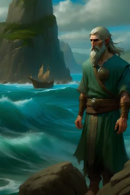 Au bord d'une côte antique et légendaire, se tient un jeune elfe marin au passé historique. Il porte les stigmates de son héritage maritime, manifestés dans son allure et ses vêtements, mais aussi dans les traits de son visage. Malgré sa jeunesse, il arbore une sagesse héritée des océans et des navires d'antan. Ses yeux portent le reflet des vagues et son sourire rappelle les mystères des horizons lointains. Son apparence est celle d'un elfe typique, mais sa taille est moyenne et son poids est
