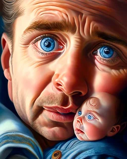 Papá feliz con su bebé mirándolo a los ojos felíz cuerpo completo colores contrastantes obra de arte arte impresionista impactante detallado ojos marrones hiperrealista 8k coherente