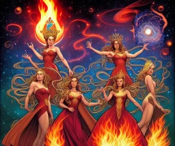 four dolldivine representing each one the four elements: fire, earth, air, and water. Mark Brooks and Dan Mumford, comic book art, perfect, smooth elemental galactic space core royalty queens crown.