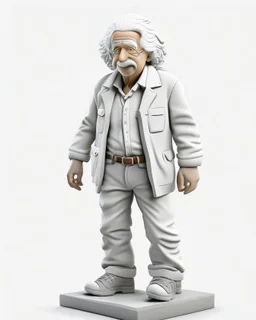 4D cartoon with big head, ultra-realistic details of Albert Einstein dressed in a plain gray long-sleeved shirt, cargo pants, cream-colored boots, hands in pockets, white background