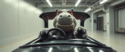 car driving happy 2d neon fluffy orc wheel test dummy hippo lord with human hands in the style of Escher and Giger and Fallout 4, pinhole cam, airbrush 3d rendering, on tv screen:A five-second cinematic single take in a clean industrial presentation hall.