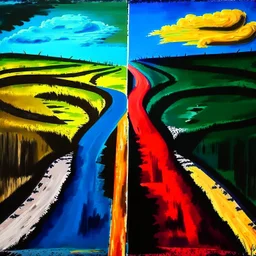 two roads diverged , art, oil colors, bright, picasso, masterpiece