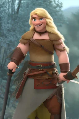 strong medieval warrior with blond short hair, blue eyes and wide warm smile with an axe with green and brown clothes