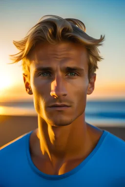 A handsome young man with tan skin, blue eyes, dirty blonde hair, strong and thick jaw, strong neck, light blue t-shirt, background ocean sunset