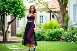 very beautiful lady with beautiful midi dark black-red lace skirt and lace top with curvy hair sports shoes standing in a nice villa yard with trees flowers ,16 by 9
