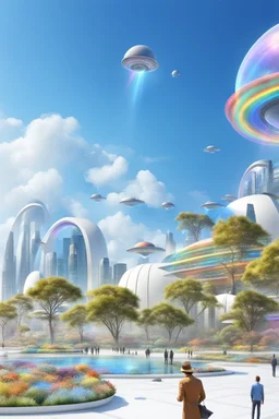 ville futuriste ultra moderne, ufos, rainbows,intergalactic city