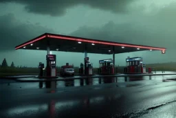 gas station,rundown, country side road,,road texture, atmospheric ,night lighting,rainy, realistic, unity engine, cinematic lighting,green emession, octane render.