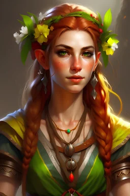 Generate a dungeons and dragons character portrait of a female spring Eladrin elf. She is ranger. She looks sweet and approachable but in the same time a little tomboy and wild her hair is red and little messy within colorful flowers, leaves and fall growing in the hair and eyes of the color of spring and ears of elf
