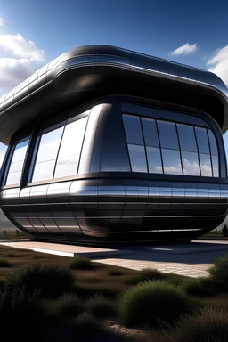 render realista de construcción tipo cabaña futurista con un diseño aerodinámico