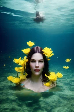 liv tyler underwater with yellow flowers for hair, closed eyes, rtx, reflection, 8k, glow, winning photography, caustics