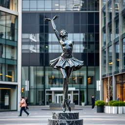 photo of a statue of ballerina made of black marbel in a modern city center