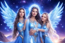 cosmic women couple of beautiful women with long hair, light eyes and blue brightness tunic, with a little sweety smile, with big crystal wings, and a sweety stron cosmic warrior in peace. in a background of stars and bright beam in the sky