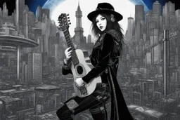 Mixed media picture, the background is black and white line art 3d cyber city In the middle a colorful photo of an attraktive goth asian man playing on the old guitare , wearing goth dark blue clothsirt, shiny black jeans, steampunk black hat and black boots, his hair is deep blue-black-silver colors, enhancing the contrast between her and the black and white cityscape space