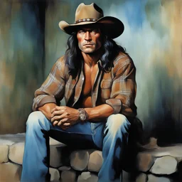 Conan the Barbarian wearing a long-sleeved plaid shirt, blue jeans, cowboy boots, and a cowboy hat, dark, multicolored watercolor stained wall in the background, oil painting in the art style of Frank Frazetta, 32k UHD, Hyper realistic, photorealistic, realistic, sharp, highly detailed, professional quality, beautiful, awesome, majestic, superb, trending on artstation