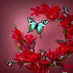  Прозрачная Бабочка из воды в тумане и букет венок красные стеклянные цветы в жемчужном сиянии капли дождя