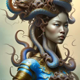 Sango fantasy, fantasy magic, intricate, sharp focus, illustration, highly detailed, digital painting, concept art, matte, art germ and Paul Lewin and Kehinde Wiley, masterpiece Indonesian lady head bronze octopus Asian African girl nice breast Thai hair turquoise silver blue waves