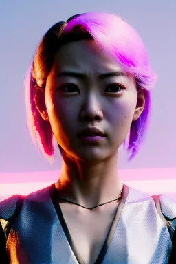 Ultra realistic portrait, Asian cyborg woman, samurai warrior :: symmetry photography, cyberpunk style, pink hair, glow makeup:: black samurai army, katana, japanese traditional ornaments, pink, white, black, glow eyes, cinematic, Ultra realistic, dark scene, soft color, highly detailed, unreal engine 5, RTX, ultra detail, 3d, finely drawn, high definition.