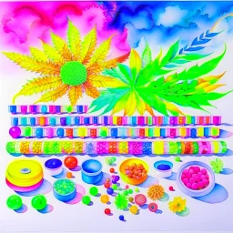 Generate a watercolour artwork where different drugs weed, tobacco, cocain, pill and other drugs are placed asymetricaly making a compositions