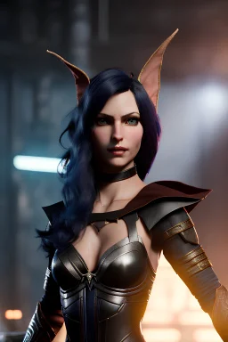 half elf female rogue character, Caucasian, shoulder length black hair, colorful and vibrant tattoos, blue eyes, dark eyeshadow, grinning, black leather armor, 4k resolution, intricate details, ornate details, soft lighting, vibrant colors, retroanime, masterpiece, tavern background, realistic