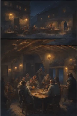 Winter Night, shades of blue, dark, moonlight Lots of People sitting around tables in a medieval tavern with a stone floor, add people to the chairs. Night time, dark, stars