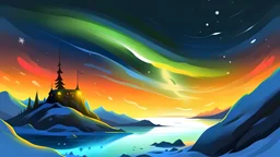 cartoon illustration: North Pole evening, Norther light, nature