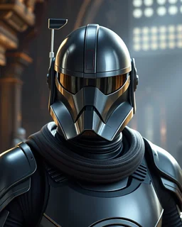 star wars bald male corellian pilot wearing pearlescent black and gunmetal grey First Order special forces heavy assault stealth commando armor and helmet with mirrored visor and gold and metallic red trim inside the jedi temple, hyperdetailed, dynamic lighting, hyperdetailed background, 8k resolution, volumetric lighting, light skin, fully symmetric details