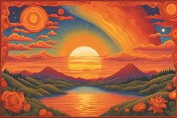 cosmic portland oregon sunset in a psychedelic orange, red, and yellow color palette in the illustrated style of alex grey