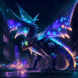 robotic eastern dragon with glowing accents and holographic wings at night time in a city