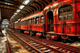 An orangish red fiery steampunk train station painted by Jackson Pollock