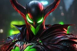 Spawn in 8k cgi game drawing style, spawn them, close picture, rain, neon, intricate details, highly detailed, high details, detailed portrait, masterpiece,ultra detailed, ultra quality
