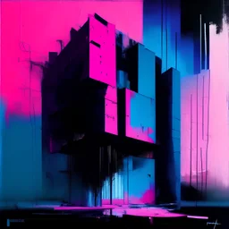 Minimal abstract oil painting of bright pink and blue. with random words. Brutalist architecture fragments Line sketches. illuminated at night. In the style of Justin Mortimer and Phil Hale and Ashley Wood