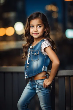 Little 6 years old beautiful girl perfect face,1girl wearing a pretty shirt and jean pant, standing pose,modern city ,night view