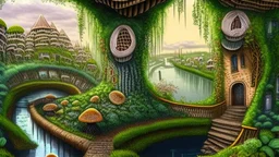 Gigantic mushroom village with balconies, archways, stairs, bridges, bushes, spanish moss, ivy, river, a winding pathway through the middle, in a valley