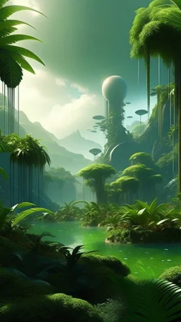 sci fi planet, tropical jungle garden, tall smooth city