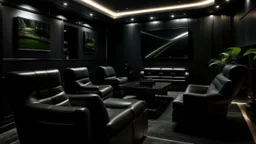 black themed home cinema room, recliners, ambient lighting, warm environment