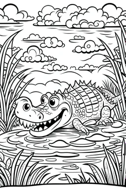 DRAW TO COLORING OF A FRIENDLY CROCODILE ON A LAKE, BLACK AND WHITE CARTOON STYLE, LOW DETAILS, THICK LINES, NO SHADING LINES