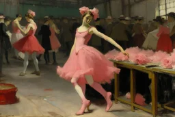 A female dancer in a rose pink factory painted by Edgar Degas