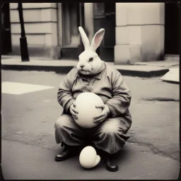 Dramatic vintage polaroid picture, white obese crepey mottled skin frightening Lovecraftian anthropomorphic Easter Bunny creature sitting on sidewalk with his knuckles on his chin looking dejected and frustrated, cracked egg on street yolk leaking out, sinister whimsey, oddball masterpiece, sfumato, dark humor, complex contrast, dynamic composition,