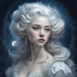 The moonlight illuminates her hair, turning it a pure, silvery white, in rococo art style