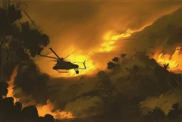 helicopter burning in the jungle the Panter is watching on fire by Caravaggio