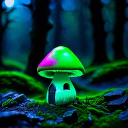 "Close up of a wonderful tiny Mushroom Tower home. green and magenta with bright white, deep black and contrasting tones of gray. Illuminated bioluminescent forest. Professional painter, master at composition. small but detailed. broken, blurred background, voluminous lighting"