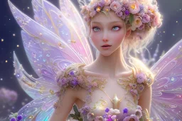 one very little beautiful fairy on a big crystal subtle flower in a galactic ambiance, transparent petals, delicate colors, in the foreground, full of details, smooth, bright sunshine，soft light atmosphere, light effect，vaporwave colorful, concept art, smooth, extremely sharp detail, finely tuned detail, ultra high definition, 8 k, unreal engine 5, ultra sharp focus