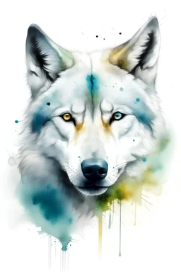 Acrylic sketch of a white wolf head on white background, realistic, clear brush strokes, pastel colours, paint splatters
