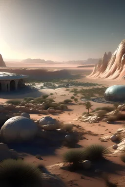 diorama de un valle en un planeta con atmosfera tornasolada con vegetacion alienigena, a lo lejos una pequeña aldea desierta