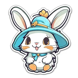 cute stickers, style cartoon, cute Super Deformed Character, white border, high quality, colorful, Detailed illustration of a cute little rabbit wearing a Hemin Kaminski hat, by yukisakura, awesome full color,